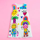 Lucky sale-Children's Dress with Cartoon Figures, Trees, Sun, and Rainbow Pattern