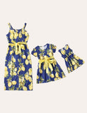 3Pcs Family Matching Lemon Floral Bow Print Belted Slip Dress - CCMOM