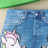 Unicorn Printed Vest + Denim Skirt + Bag