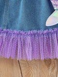 Mermaid T-shirt + Mesh Stitching Denim Skirt + Bag