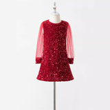 Children's mesh stitching long-sleeved sequined dress princess dress