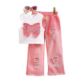 Sleeveless Patch Bow Top + Denim Trousers