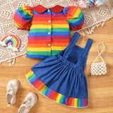 Halloween Rainbow Striped Shirt Suspender Skirt Two-Piece Set