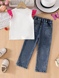 Butterfly Print Top + Flower Strawberry Embroidered Trousers