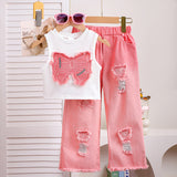 Sleeveless Patch Bow Top + Denim Trousers