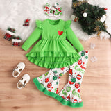 Christmas Long Sleeve Love Top Printed Plush Bell-Bottom Pants Hair Band Set