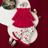 Christmas Long Sleeve Love Top Printed Plush Bell-Bottom Pants Hair Band Set
