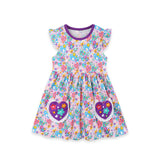 Children's Dress with Flutter Sleeves, Cartoon Floral Print, and Pockets