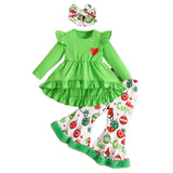 Christmas Long Sleeve Love Top Printed Plush Bell-Bottom Pants Hair Band Set