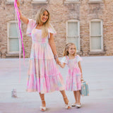 Tie-Dye Large Swing Dress Puff Sleeve Mother-Child Dress