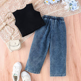Sleeveless Top + Printed Jeans