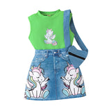 Unicorn Printed Vest + Denim Skirt + Bag