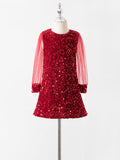 Children's mesh stitching long-sleeved sequined dress princess dress