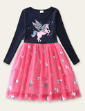 Cartoon Unicorn Printed Mesh Long Sleeve Dress - CCMOM