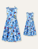 Family Matching Butterfly Printed Two-piece Waist Sleeveless Dress