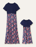 Family Matching Floral Print Splice Solid Color Short Sleeves High Waist Dress Sets