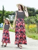 Family Matching Floral Print Splice Stripe Sleeveless Dresses Sets