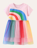 Today Only-Toddler Girl Rainbow Short Sleeves Tulle Dress - CCMOM