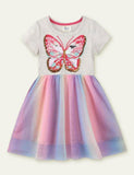 Toddler Girl Butterfly Sequin Gauze Splicing Rainbow Mesh Dress