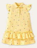 Toddler Girl Cartoon Printed Button Design Ruffle Hem Flutter-sleeve Dress - CCMOM