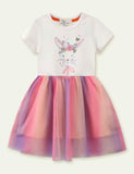 Toddler Girl Rabbit Print Short Sleeve Splicing Color Mesh Dress