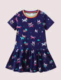 Toddler Girl Rainbow Unicorn Applique Short Sleeves Splice Dress - CCMOM