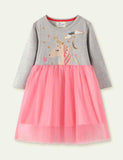 Toddler Girl Unicorn Embroidered Long Sleeves Mesh Splice Dress