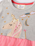 Toddler Girl Unicorn Embroidered Long Sleeves Mesh Splice Dress - CCMOM