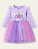 Toddler Unicorn Appliqu¡§| Rainbow Mesh Long Sleeves Princess Dress